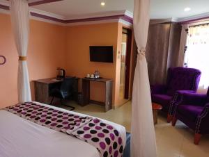 ein Schlafzimmer mit einem Bett, einem Schreibtisch und einem Fernseher in der Unterkunft Jaqanaz Resort in Naro Moru