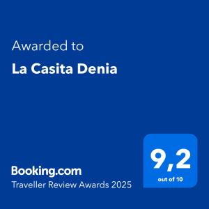 a blue text box with the words awarded to la casita dentina at La Casita Denia in Els Poblets