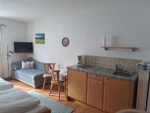 a kitchen with a sink and a couch in a room at Bauernhaus Jocher in Krün +28 photos