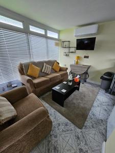 a living room with two couches and a tv at 41 Cherry Park in Chapel Saint Leonards