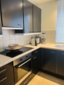 a kitchen with black cabinets and a stove top oven at F I E R Huisje in Eersel