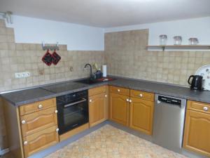 a kitchen with wooden cabinets and a sink and a dishwasher at Waldau in Aerzen