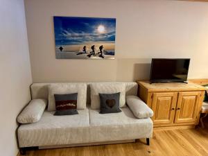 a living room with a couch and a television at Alpennest Blindau in Reit im Winkl +6 photos