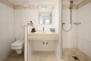 a bathroom with a sink and a toilet and a shower at Hotel Vier Jahreszeiten an der Therme & Kliniken Bad Krozingen Nähe Freiburg & Schwarzwald Ideal für Wellness Kur & Business Ausflüge 24h Check In- WLAN & Parken gratis in Bad Krozingen