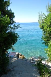 a view of the ocean from a hill with trees at Apartments Topli Bok in Trogir
