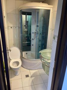 ein Badezimmer mit Dusche, Toilette und Waschbecken in der Unterkunft Hotel Rudo in Predeal + 28 Fotos