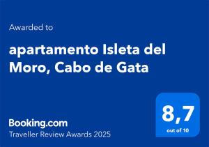 Сертификат, награда, вывеска или другой документ, выставленный в apartamento Isleta del Moro, Cabo de Gata
