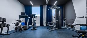 einen Fitnessraum mit mehreren Laufbändern und einem Fenster in der Unterkunft LIVE-INN PRAGUE 2 BDR FAMILY APARTMENTS FOR 1-8 GUESTS, 20 Mins to center, Private Garden, Gym, Free Parking, Roof Terrace, Game Room in Prag