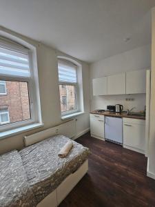 a bedroom with a bed and two windows and a kitchen at Checkpoint LS 65 Mikroapartments für ein bis vier Personen in Büschdorf +20 photos