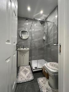 a bathroom with a shower and a toilet and a sink at Guest house in london in Edgware +38 photos