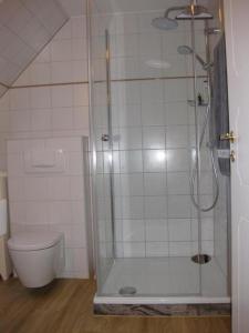 a bathroom with a shower and a toilet at Strandlust in Prerow