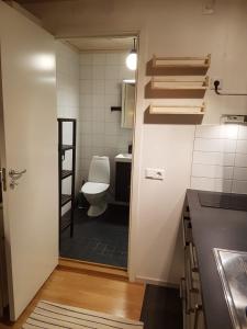 a small bathroom with a toilet and a sink at Lantlig lägenhet nära Uppsala in Uppsala