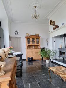 a living room with a table and a chandelier at Polderzicht in Ossendrecht +40 photos