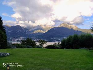 a green field with a view of mountains and a lake at Villa Oliveto apartments in Oliveto Lario