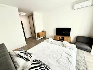 a bedroom with a bed and a couch and a television at RULU Studio Plaza Mall in Bucharest