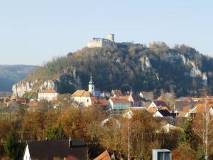 une ville avec un château au sommet d'une colline dans l'établissement Pension Im Malerwinkel Kallmünz, à Kallmünz