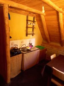 a kitchen with a sink and a stove at Cabañas Zorzal Rodeo in Rodeo