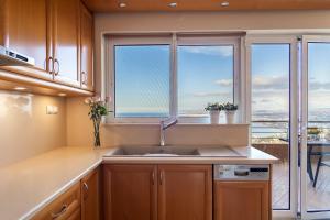 PalaiokastroにあるNami Villa _PrivatePool_ SeaViewのキッチン(シンク付)、窓2つが備わります。