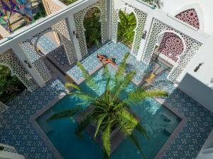 an overhead view of a pool with a palm tree at Sana Tulum Beachfront Boutique Hotel in Tulum