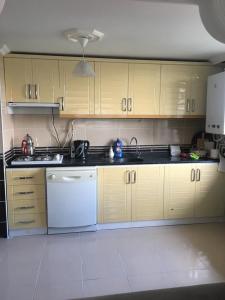 サパンジャにあるVilla bocelliのキッチン(木製キャビネット、白い食器洗い機付)