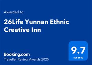 Vottorð, verðlaun, skilti eða annað skjal til sýnis á 26Life Yunnan Ethnic Creative Inn