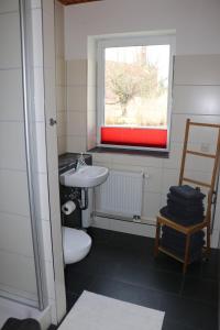 a bathroom with a sink and a toilet and a window at Ferienwohnung "Zum Alten Doktorhaus" in Redefin
