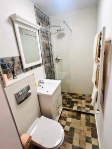a bathroom with a toilet and a sink and a shower at Piata Ovidiu 14 in Constanţa