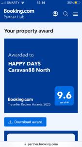 Majutusasutuses HAPPY DAYS Caravan88 North olev sertifikaat, autasu, silt või muu dokument