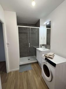 a bathroom with a shower and a washing machine at Le Familial in Orléans