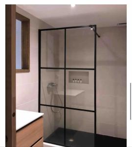 a shower with a glass door in a bathroom at Villa d'architecte in Sotta