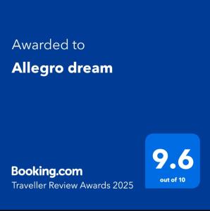 Ein Zertifikat, Auszeichnung, Logo oder anderes Dokument, das in der Unterkunft Allegro dream ausgestellt ist