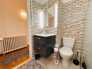 une salle de bain avec toilettes, lavabo et miroir dans l'établissement La Citadine, à Carcassonne