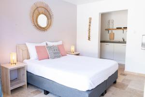 ein Schlafzimmer mit einem Bett und einem Spiegel an der Wand in der Unterkunft Bliss Bonaire by Boutique Bonaire Unique Resorts in Kralendijk + 10 Fotos