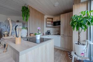 a kitchen with wooden cabinets and a counter with plants at Le Nid Cosy accès direct sur la mer in Le Barcarès