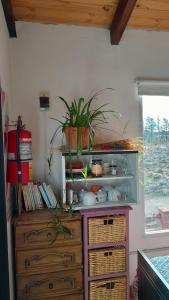 a kitchen with a wooden dresser with plants on it at Departamento Patagónico in Los Antiguos