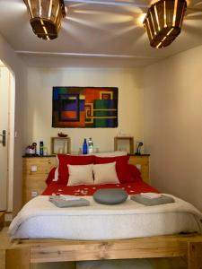 a bedroom with a large bed with red sheets at DEPENDANCE PRIVEE - HALTE ROUTE in Le Thor +33 photos