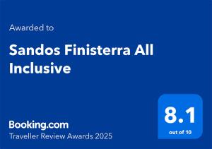 Certifikát, hodnocení, plakát nebo jiný dokument vystavený v ubytování Sandos Finisterra All Inclusive