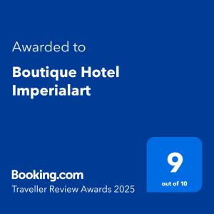 Certifikát, hodnocení, plakát nebo jiný dokument vystavený v ubytování Boutique Hotel Imperialart