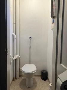 a bathroom with a white toilet in a stall at Old Charming Rustic Simple Swiss Flat 60m2 Authentic Center Burgdorf Parking Small Bath in Burgdorf +15 photos