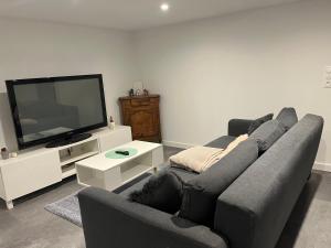 a living room with a couch and a flat screen tv at Les chambre de Marie studio Rez de chaussé in Didenheim