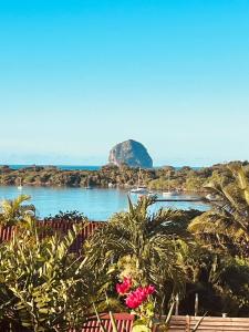 a view of a body of water with a mountain at Villa Bleue, piscine, vue mer in Le Diamant