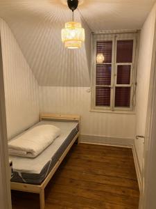 ブルクドルフにあるOld Charming Rustic Swiss Mansarde 60m2 Center Burgdorf Parking Small Bathの窓とシャンデリアが備わるドミトリールームのベッド1台分です。 +10枚の写真