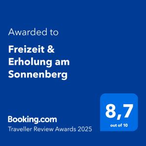 Certifikát, hodnocení, plakát nebo jiný dokument vystavený v ubytování Freizeit & Erholung am Sonnenberg & Award Gewinner 2025!