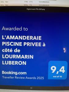 Certifikát, hodnocení, plakát nebo jiný dokument vystavený v ubytování L'AMANDERAIE PISCINE PRIVEE à côté de LOURMARIN LUBERON