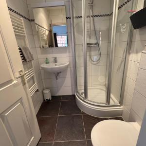 a bathroom with a shower and a toilet and a sink at Herenstraat 55 in Den Hoorn +17 photos