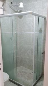 une douche avec une porte en verre dans une salle de bain dans l'établissement Apartamento Brisa 201, à Pedra de Guaratiba 4 autres photos