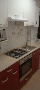 a kitchen with a stove and a sink at Apartament vacanta in Sibiu
