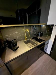 a kitchen counter with a sink and a stove at Wiślane Tarasy 2 VIP Apartamenty JACUZZI in Krakow