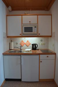 a kitchen with a sink and a microwave at Gästehaus Bergfrieden, Ferienwohnung Eva in Bayersoien