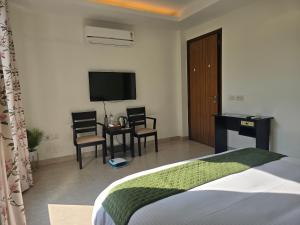 a bedroom with a bed and a desk and a tv at Two Green Park in New Delhi